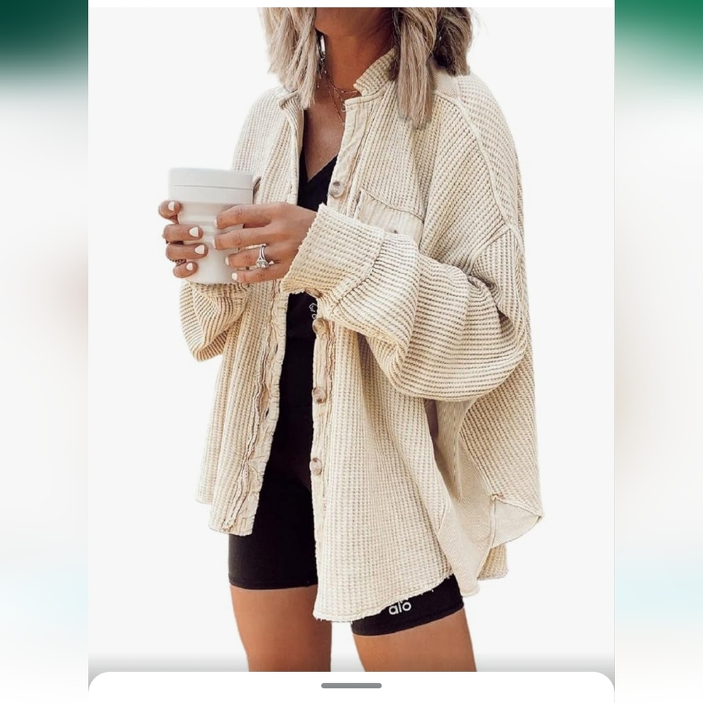 Women's Vintage Banded Collar Button Down Baggy Loose Fit Mid-Weight Frayed Waff